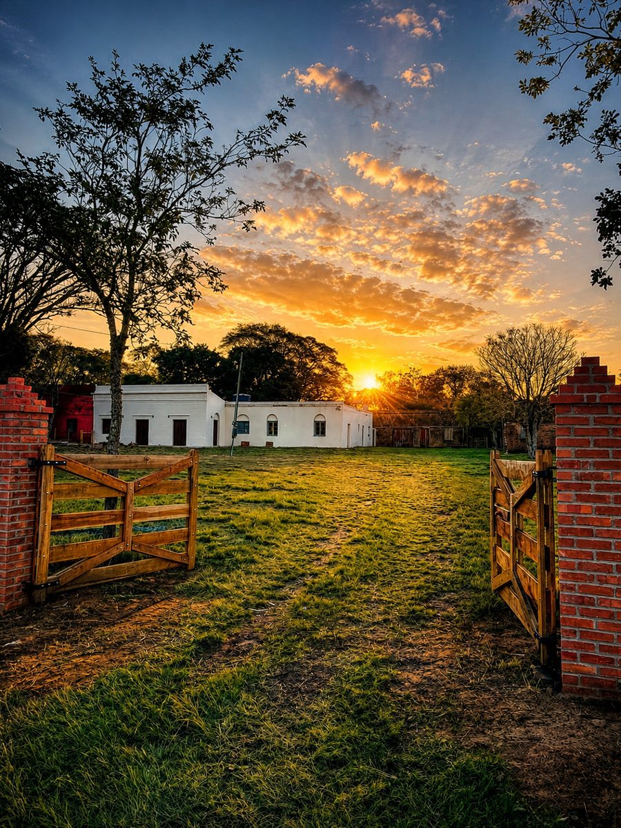Portão de entrada do Café Três Estações ao pôr do sol